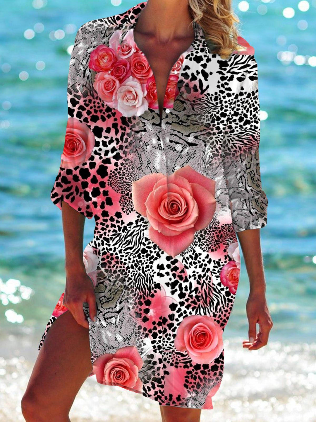 Leopard Floral Long Sleeve Shirt Dress