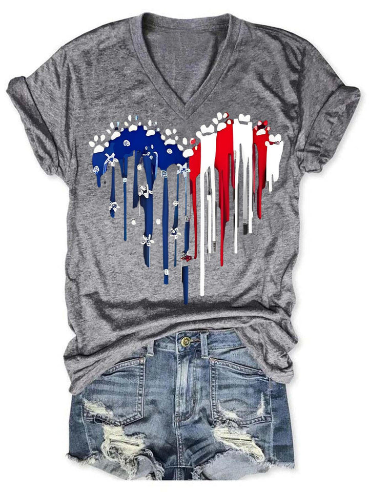 Heart Dog Paw Flag Print V-Neck T-Shirt