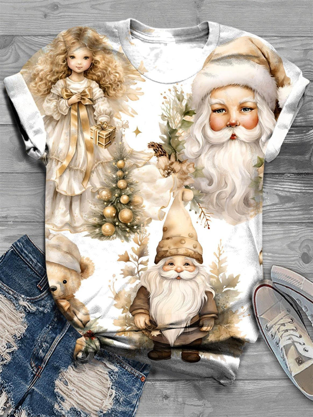 Gold Christmas Print Crew Neck T-Shirt