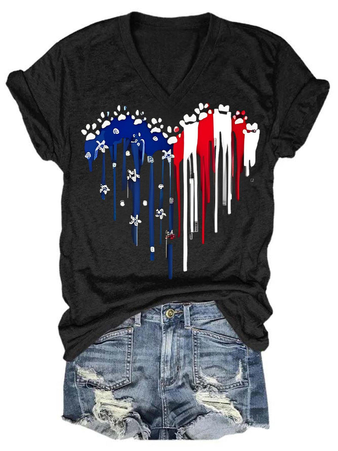 Heart Dog Paw Flag Print V-Neck T-Shirt