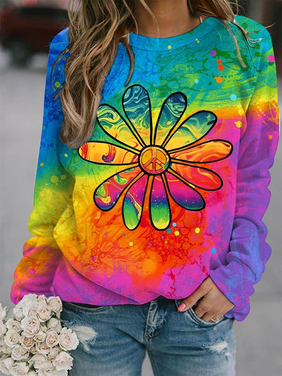 Tie Dye Hippie Daisy Print Crew Neck Top