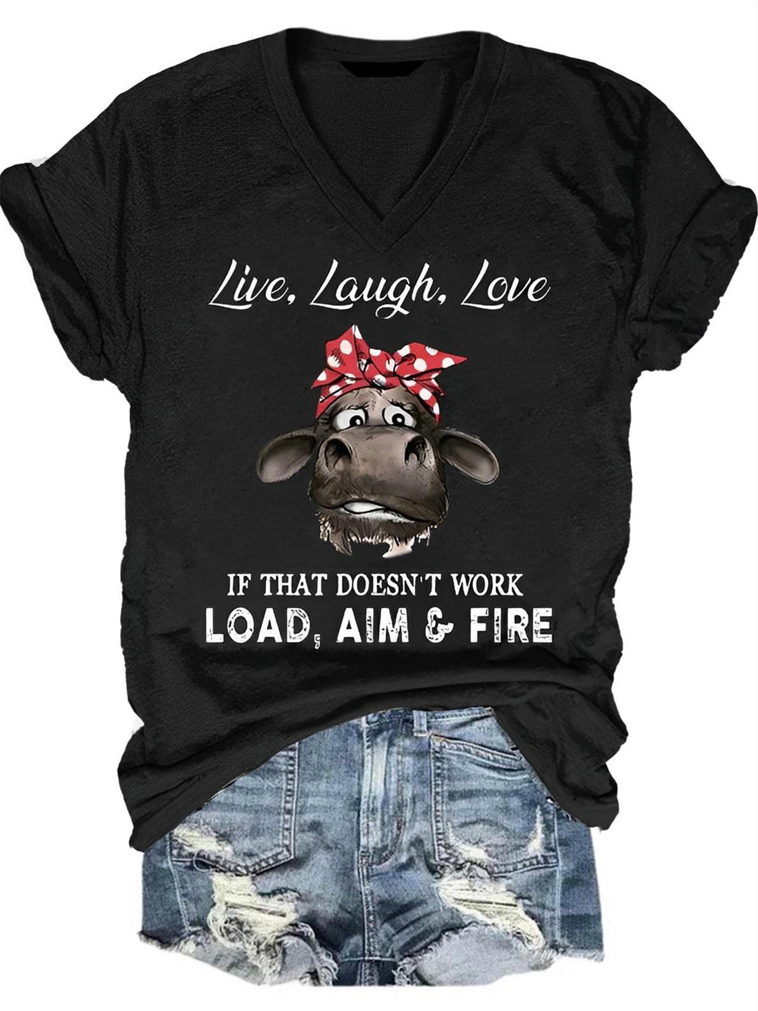 Live Laugh Love Cow Print V-Neck T-Shirt