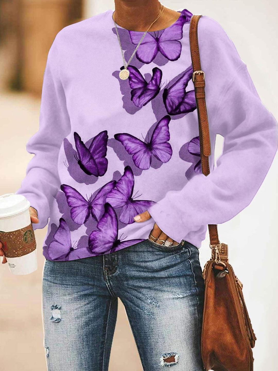 Women's Butterfly Print Round Neck Long Sleeve Top