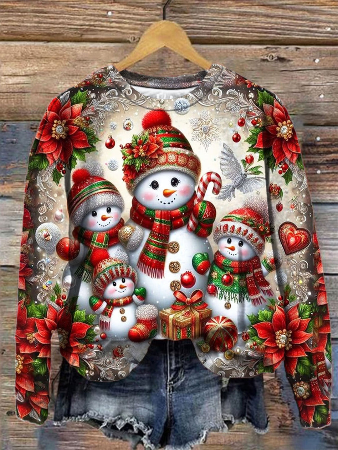 Women's Snowman Family Print Crew Neck Long Sleeve Top