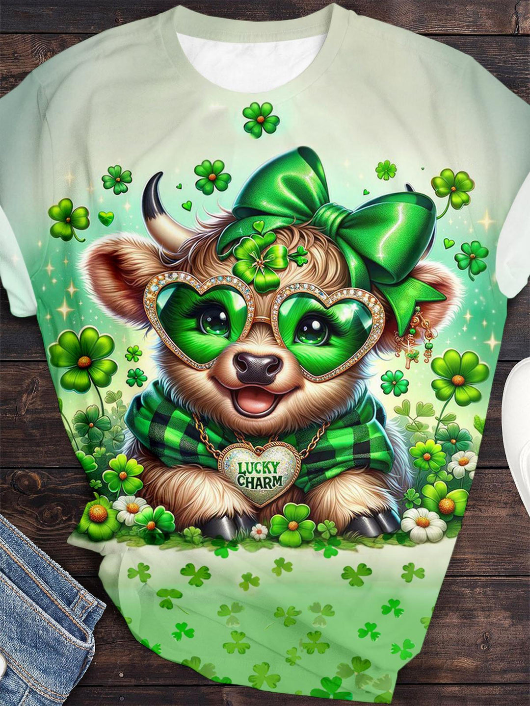 St Patrick's Day Highland Cow Print Crew Neck T-shirt