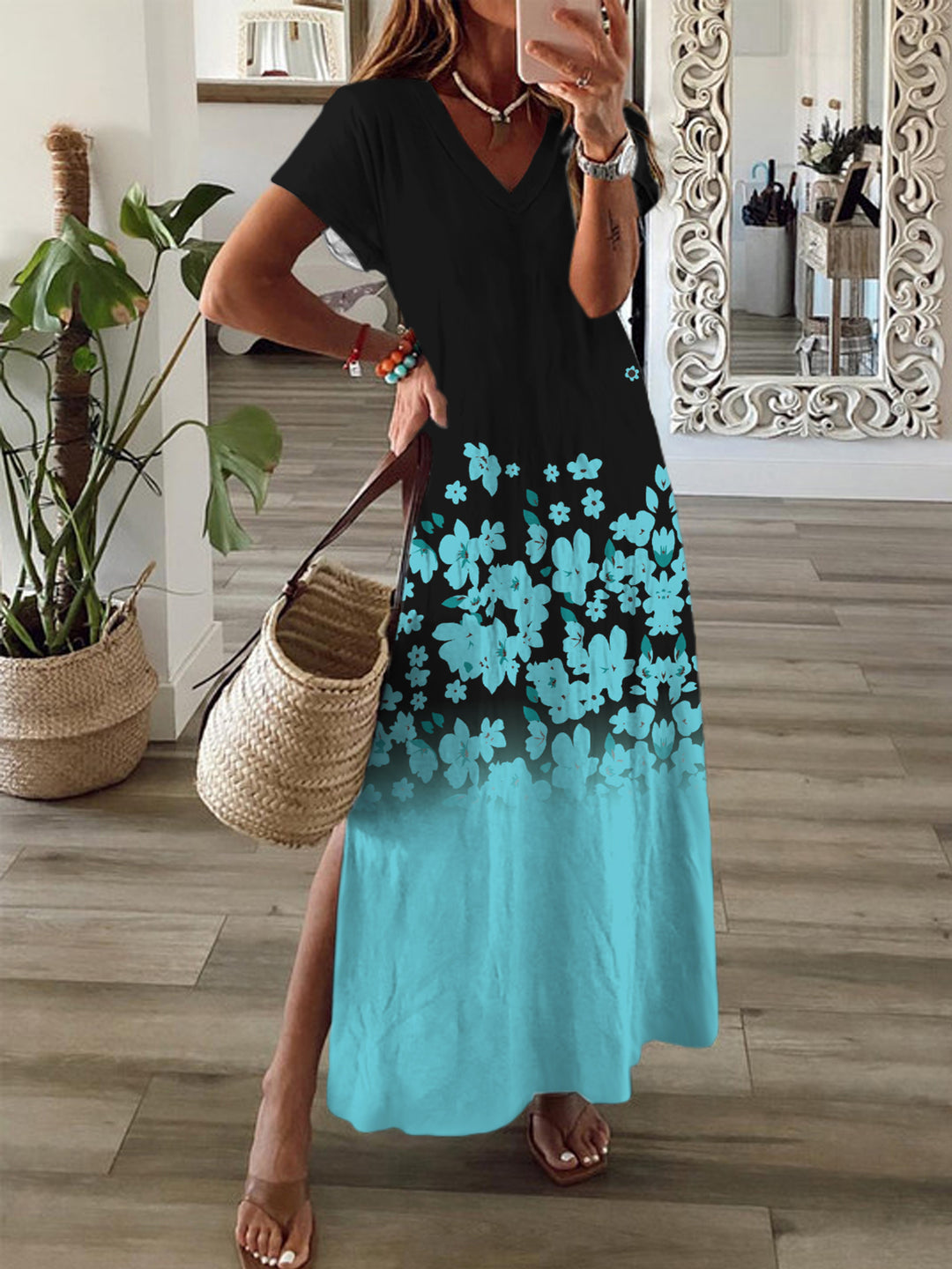 Floral Short Sleeve V Neck Maxi Dress