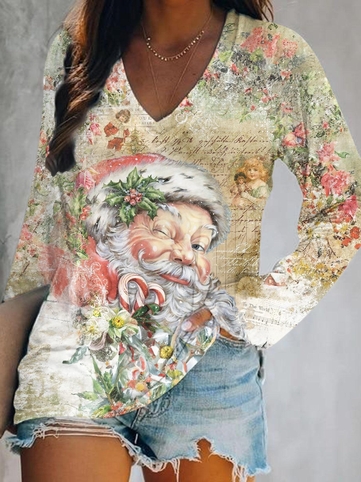 Santas Claus Art Print Vintage V-Neck Long Sleeve Two Piece Midi Dress main image 1