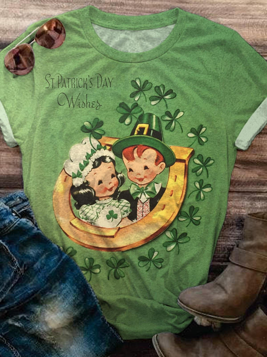 Vintage St. Patrick Wishes Crew Neck T-shirt