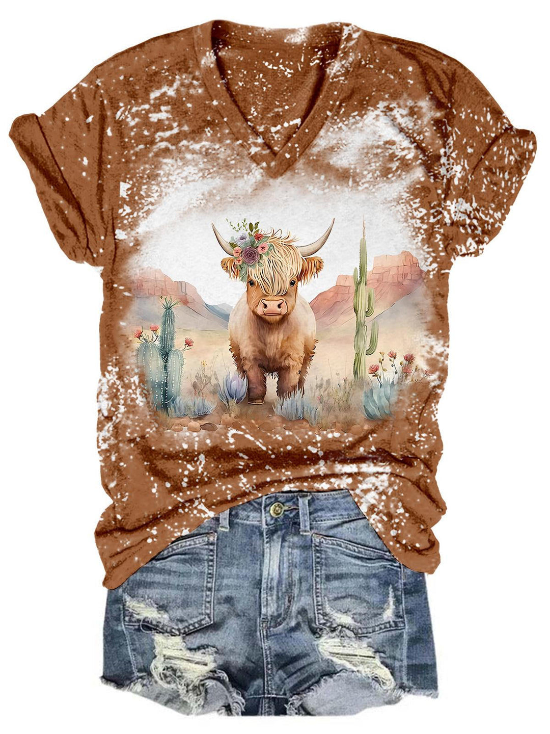 Western Highland Cow Print Tie Dye V Neck T-Shirt