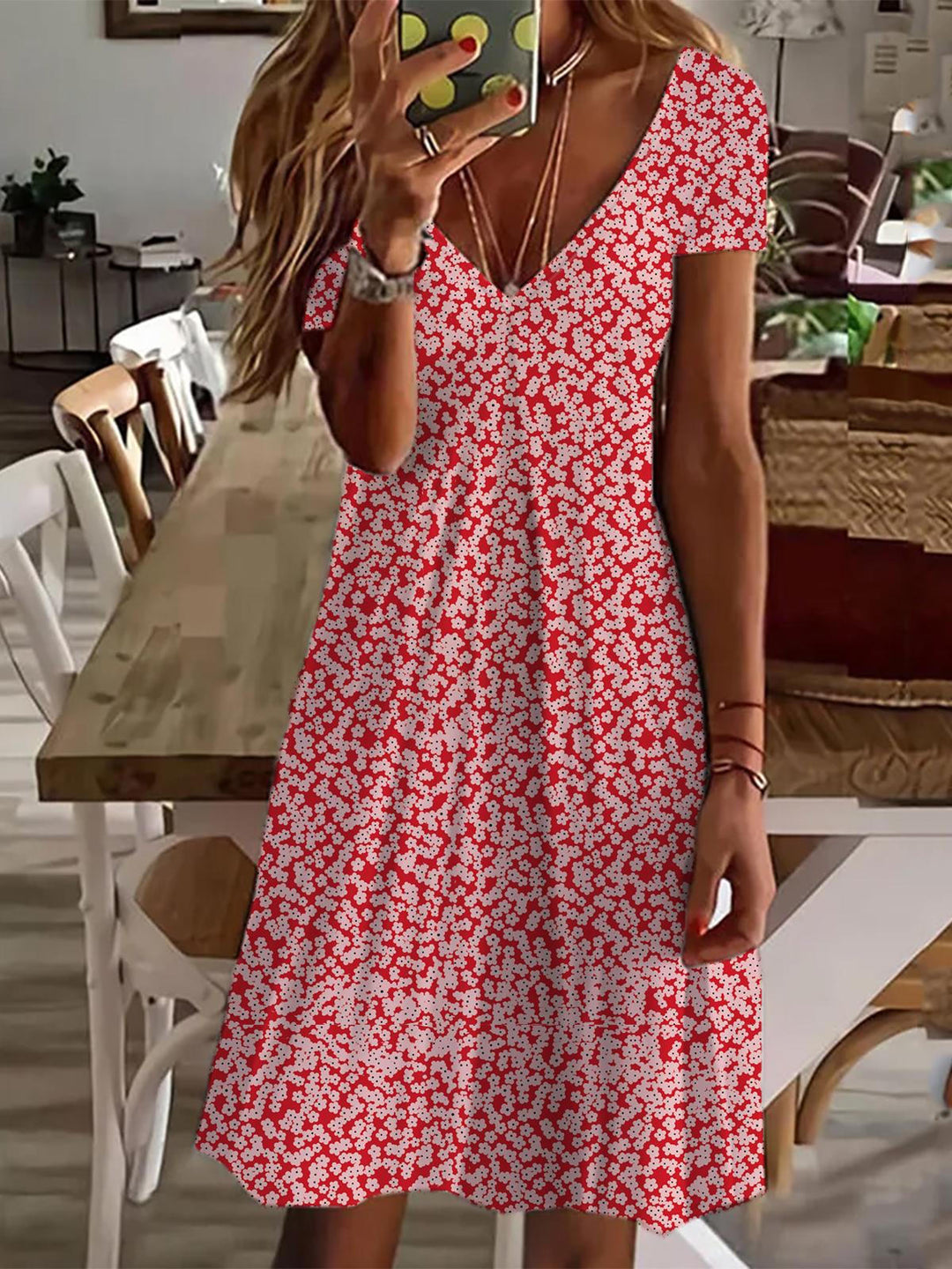 Floral V-neck V Neck Short Sleeve Dress
