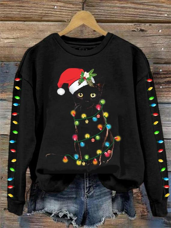 Black Santa Cat Lights Christmas Print Long Sleeve Top