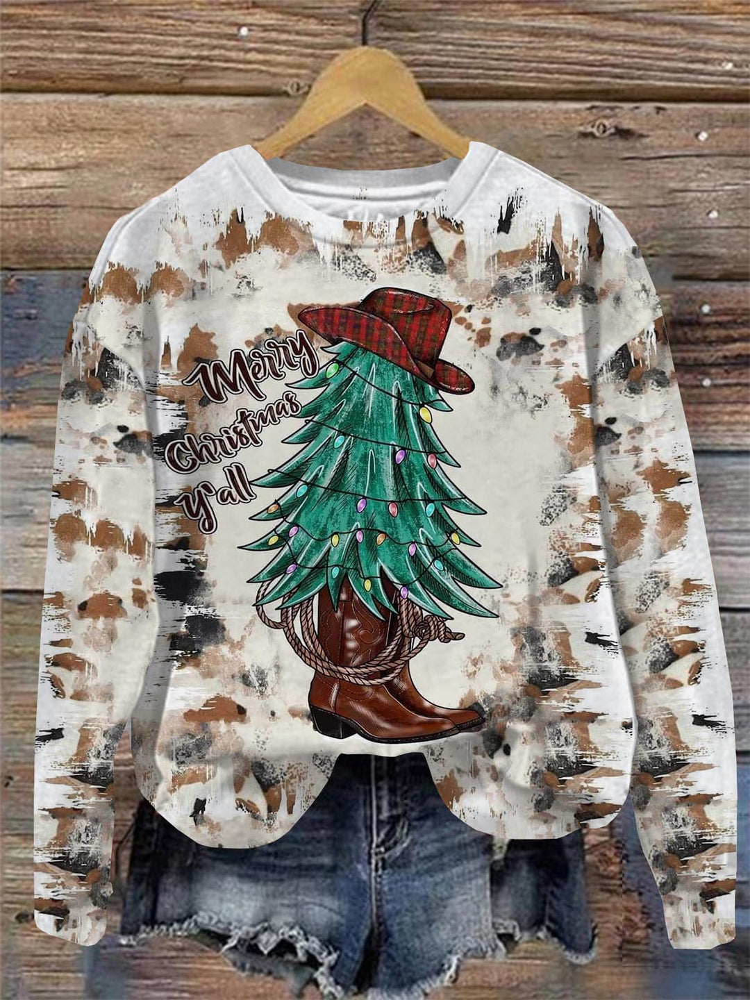 Western Christmas Tree Print Round Neck Long Sleeve Top