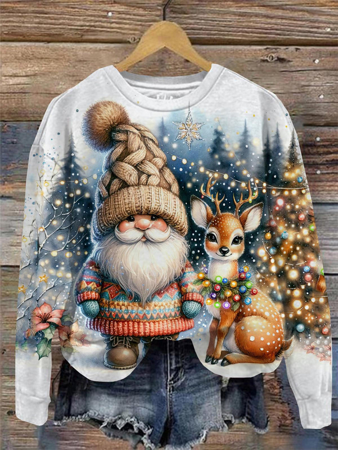Gnome And Deer Print Round Neck Long Sleeve Top