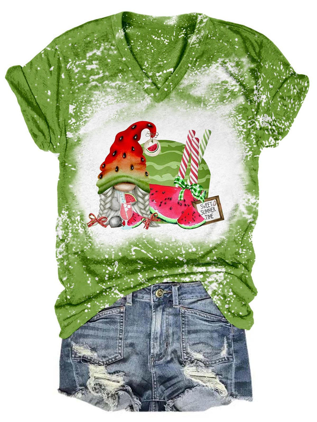 Sweet Summer Watermelon Gnome Tie Dye V Neck T-Shirt