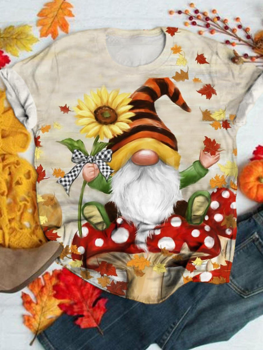 Autumn Gnome Print Crew Neck Top