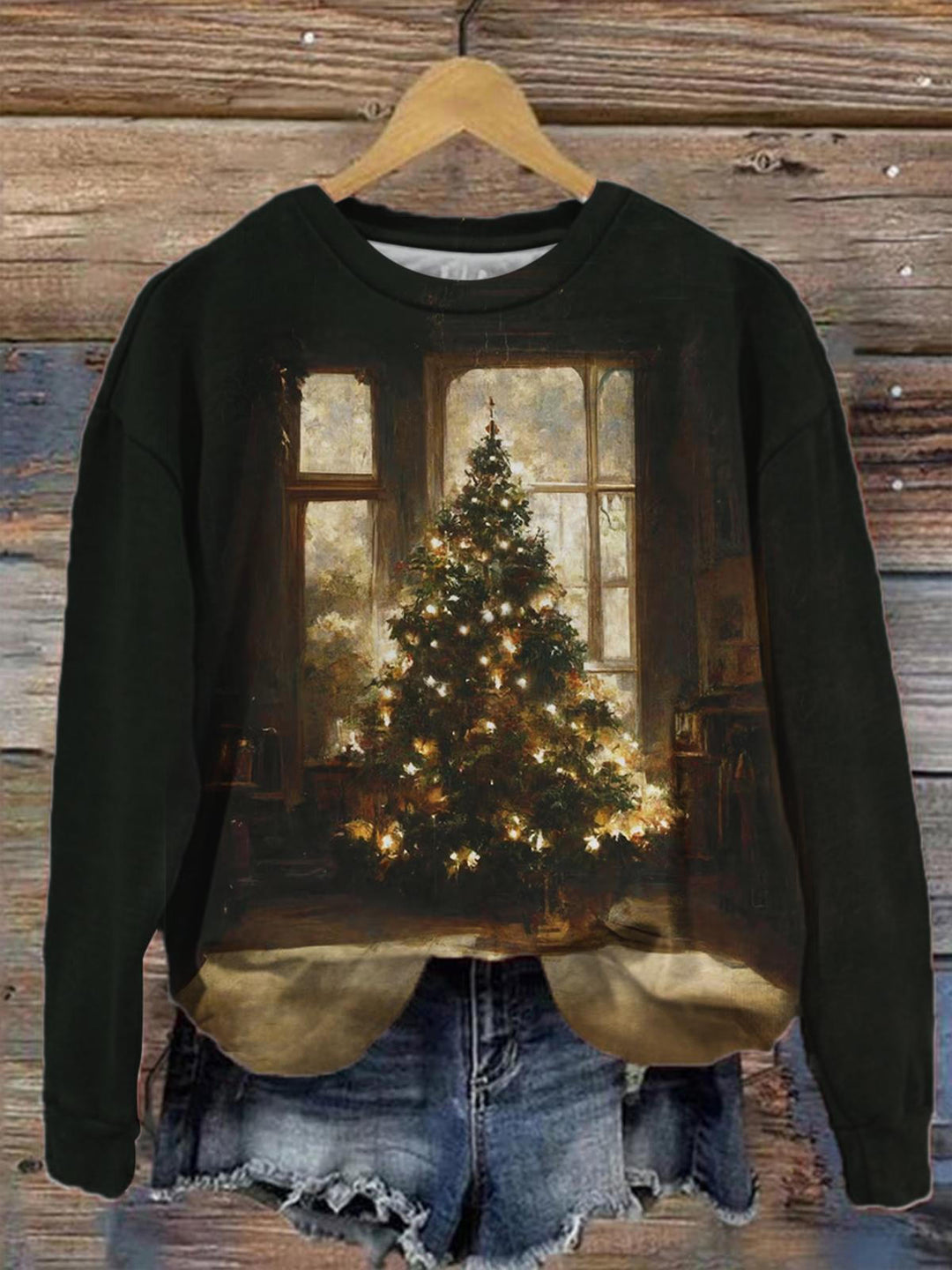 Women's Vintage Christmas Tree Print Long Sleeve Top