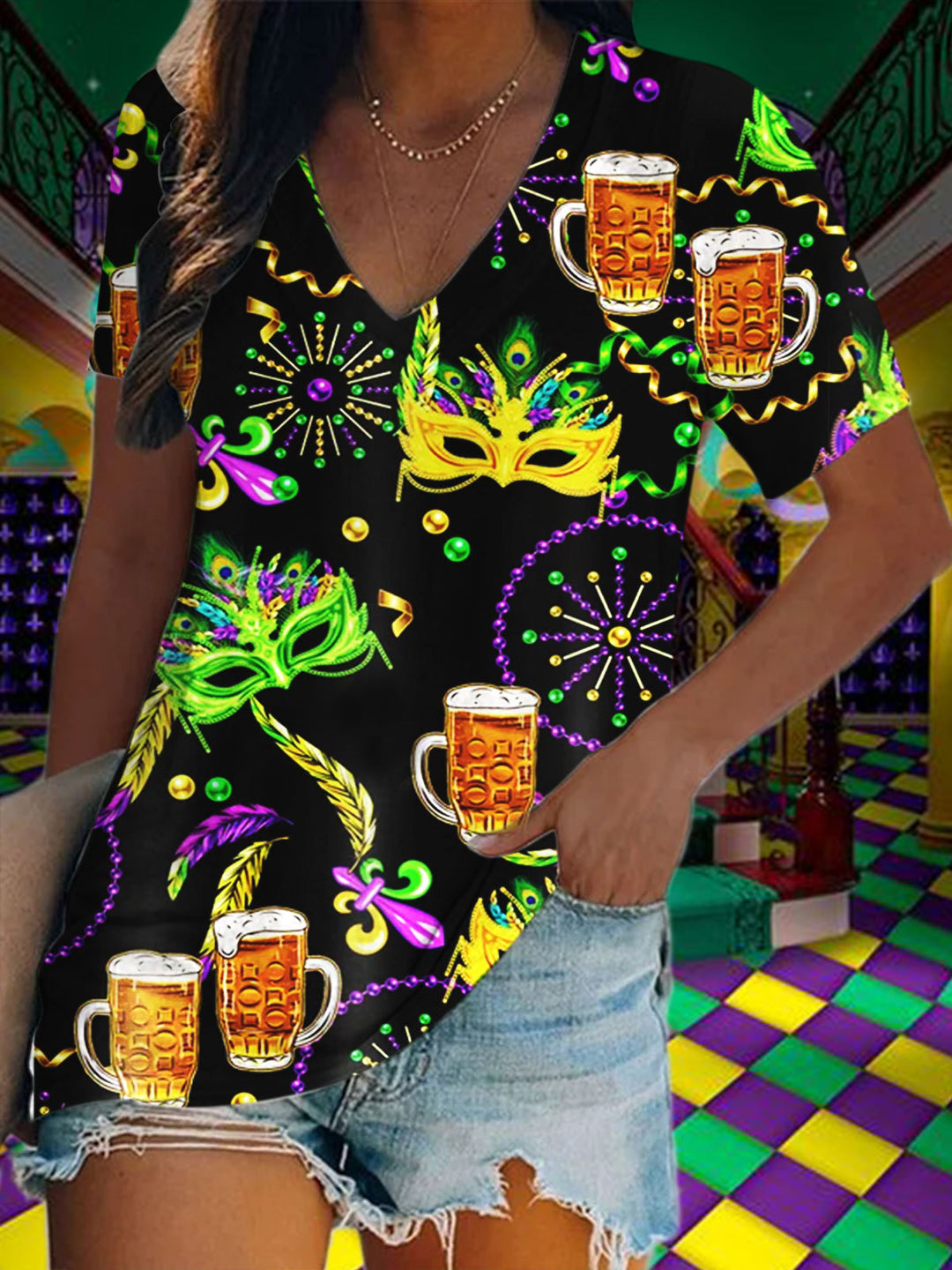 Mardi Gras Print Short Sleeve V Neck Print Top