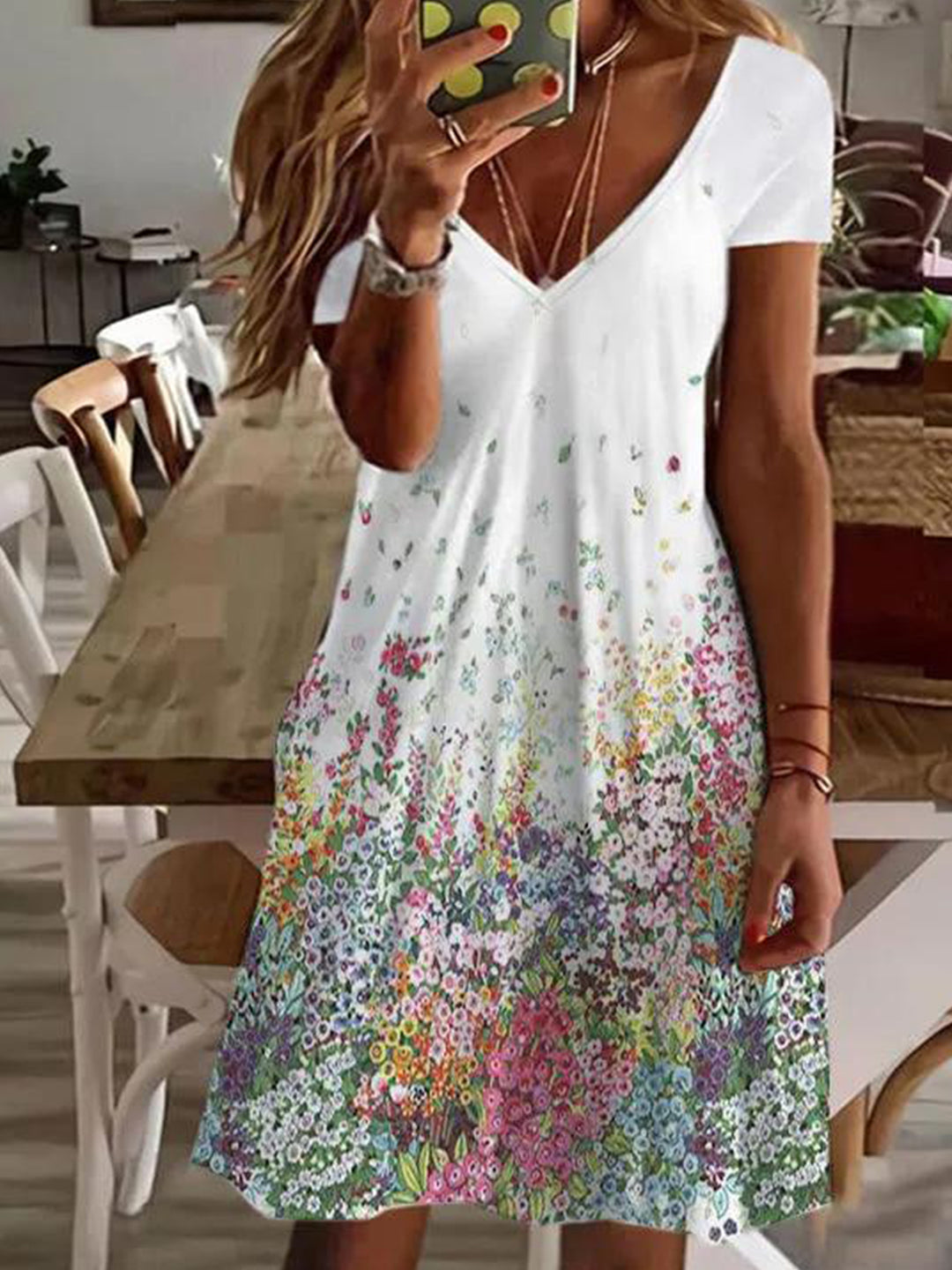 Gradient Flower V Neck Short Sleeve Dress