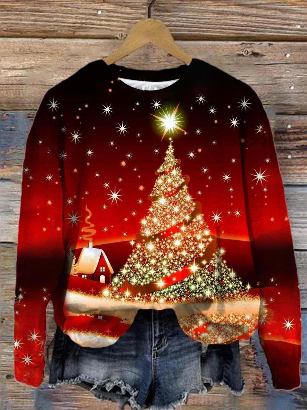 Women's Christmas Tree Print Crew Neck Long Sleeve Top