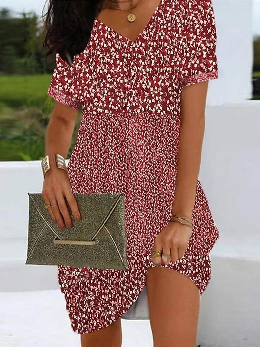 Floral V Neck Short Sleeve Dress