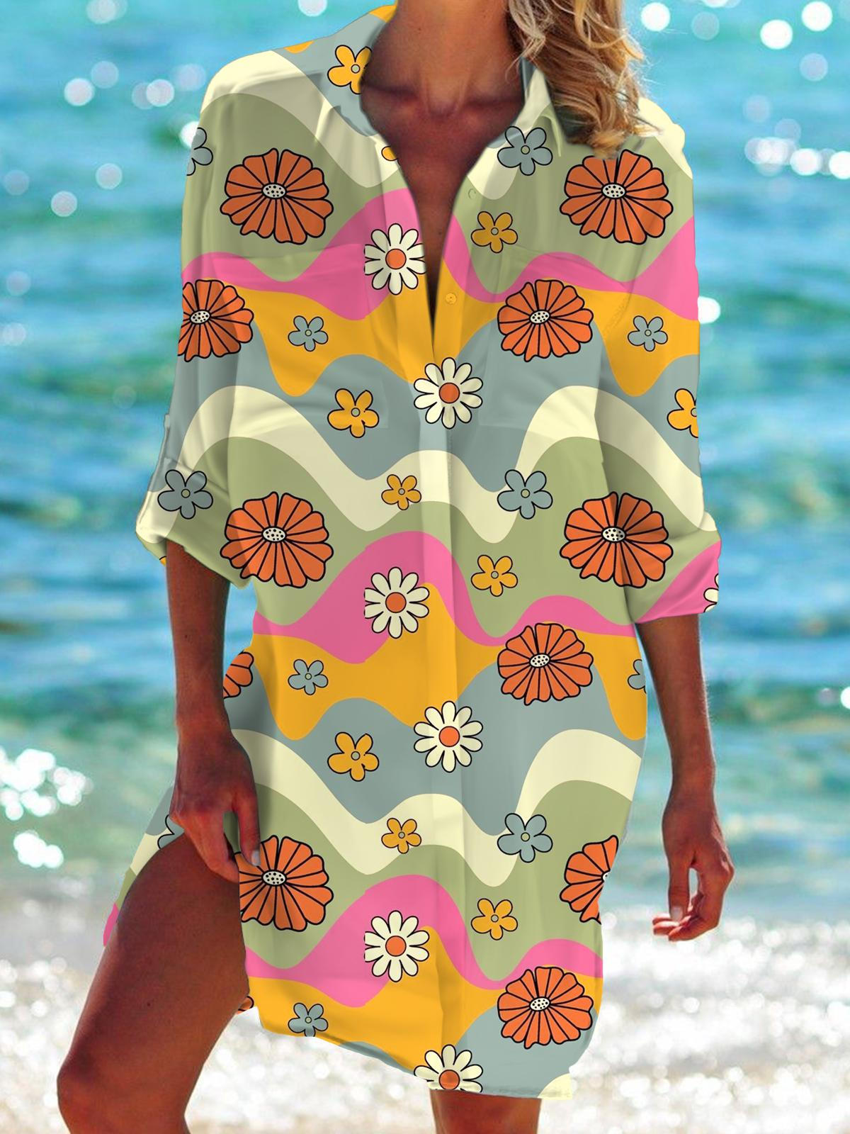 Flower Print Long Sleeve Beach Shirt Dress – Wonder closets