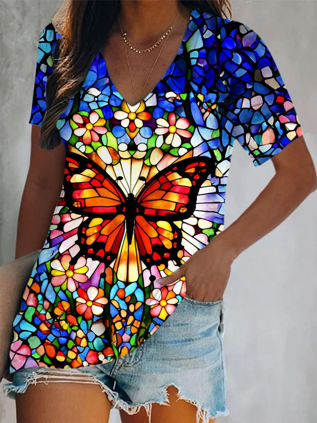 Stained Glass Ranunculus Butterfly V Neck Printed T-Shirt