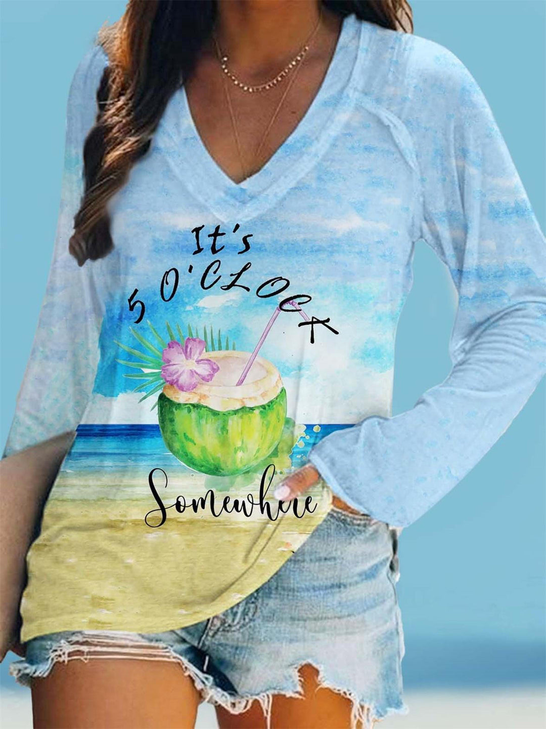 It's 5 O'Clock Somewhere Print V Neck Long Sleeve Top