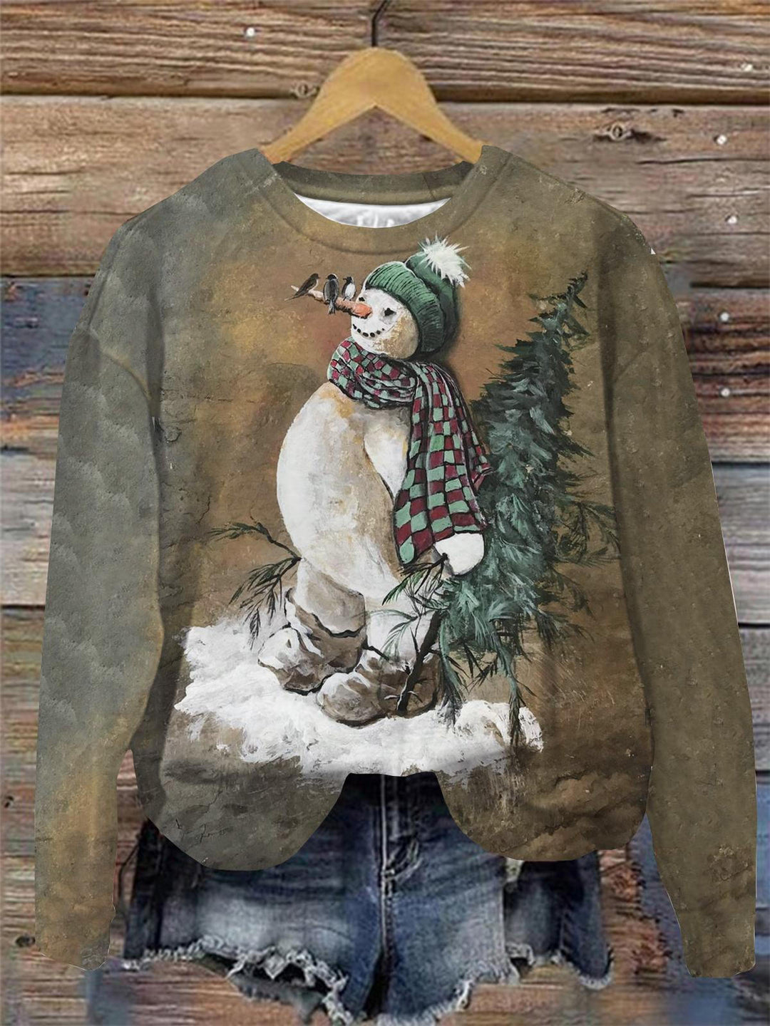 Vintage Snowman Print Round Neck Long Sleeve Top