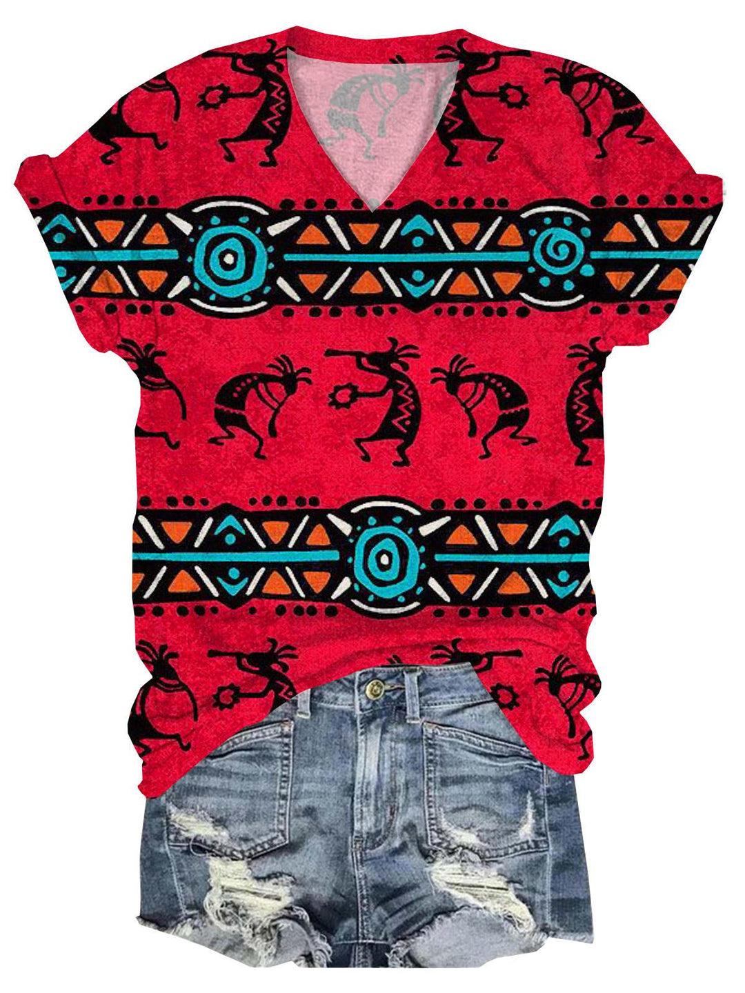 Western Print V Neck T-Shirt