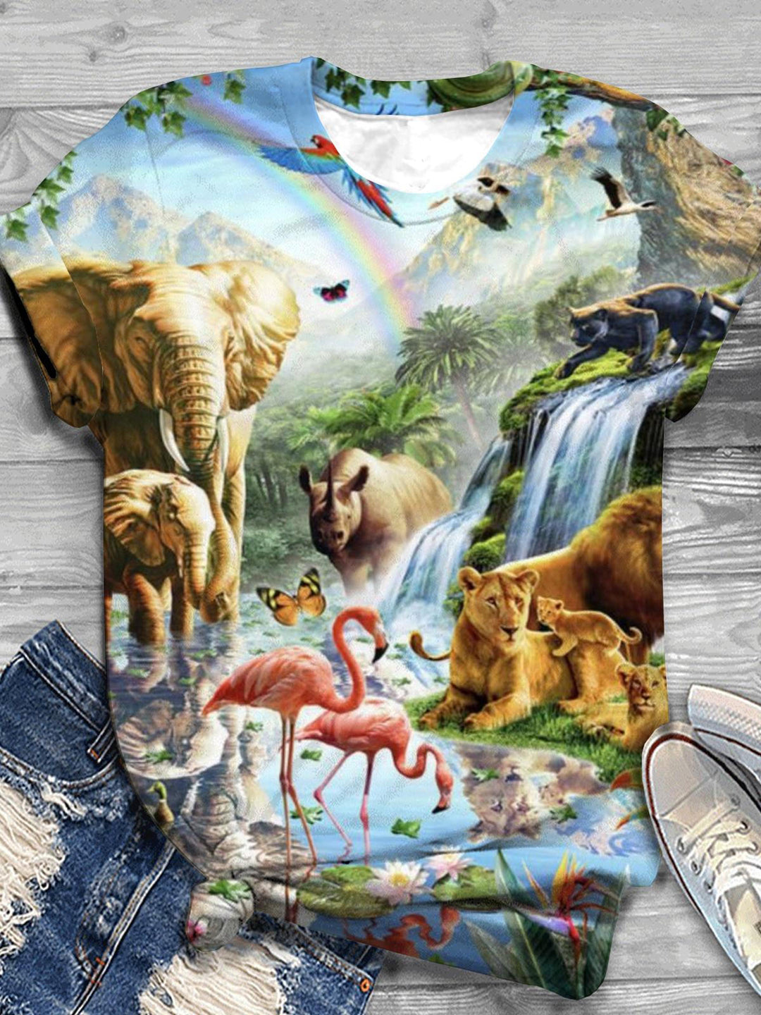 Animal Flamingo Tiger Elephant Crew Neck T-shirt