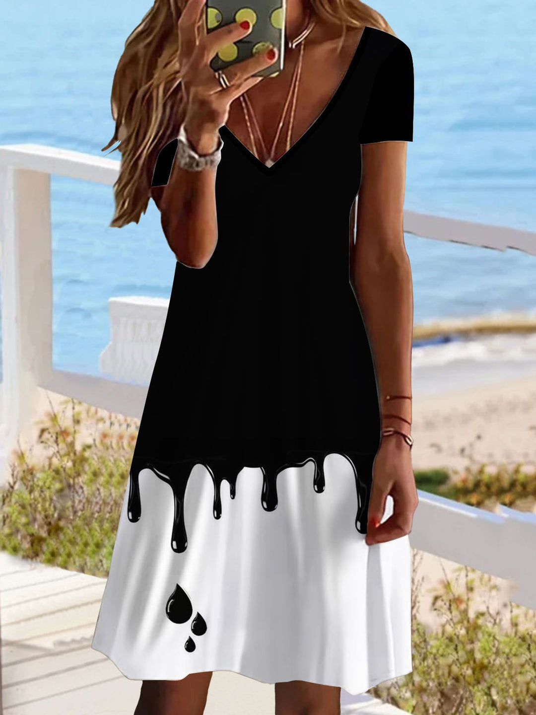 Black White Contrast Print V Neck Short Sleeve Dress