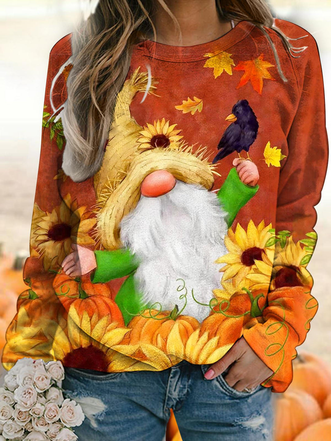 Women's Fall Gnome Print Long Sleeve Top