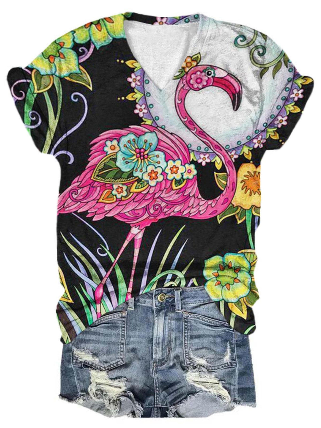 Flamingo Flower V Neck T-Shirt