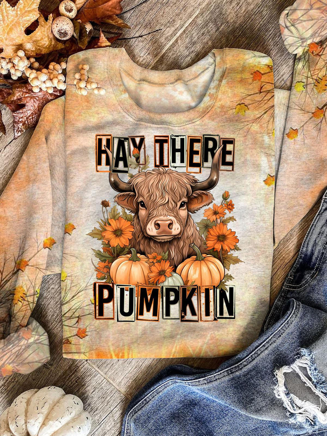 Hay There Pumpkin Funny Cow Print Long Sleeve Casual Top
