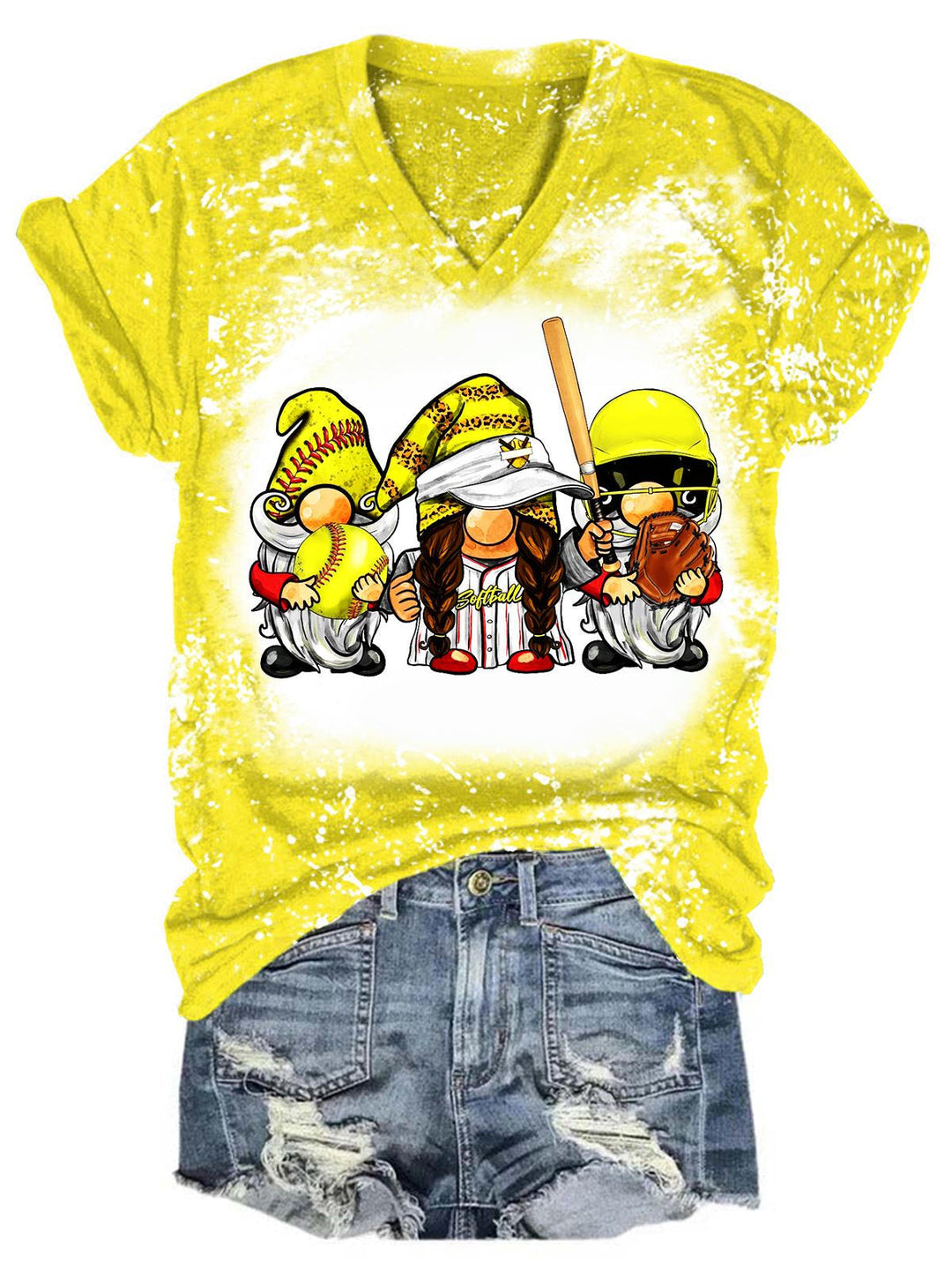 Gnome Softball Tie Dye V Neck T-Shirt