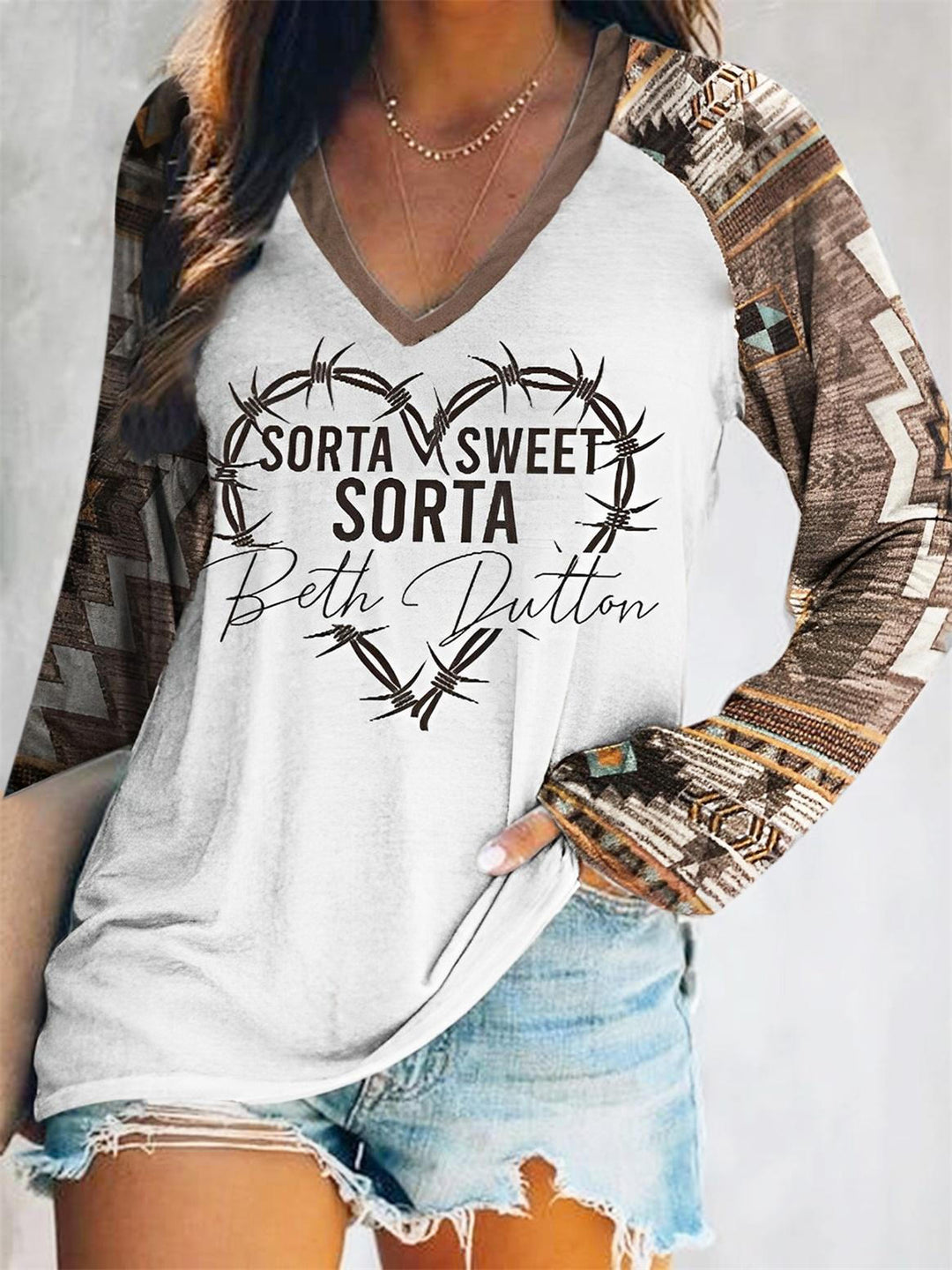 Sorta Sweet Sorta Beth Dutton Print V Neck Top