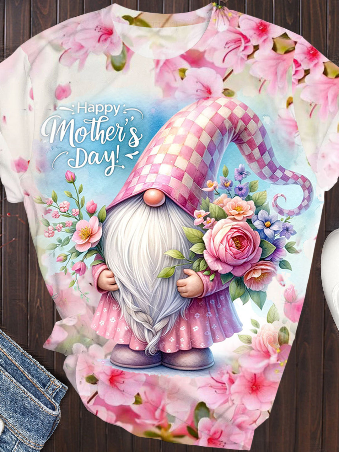 Mother's Day Floral Gnome Print Casual T-Shirt