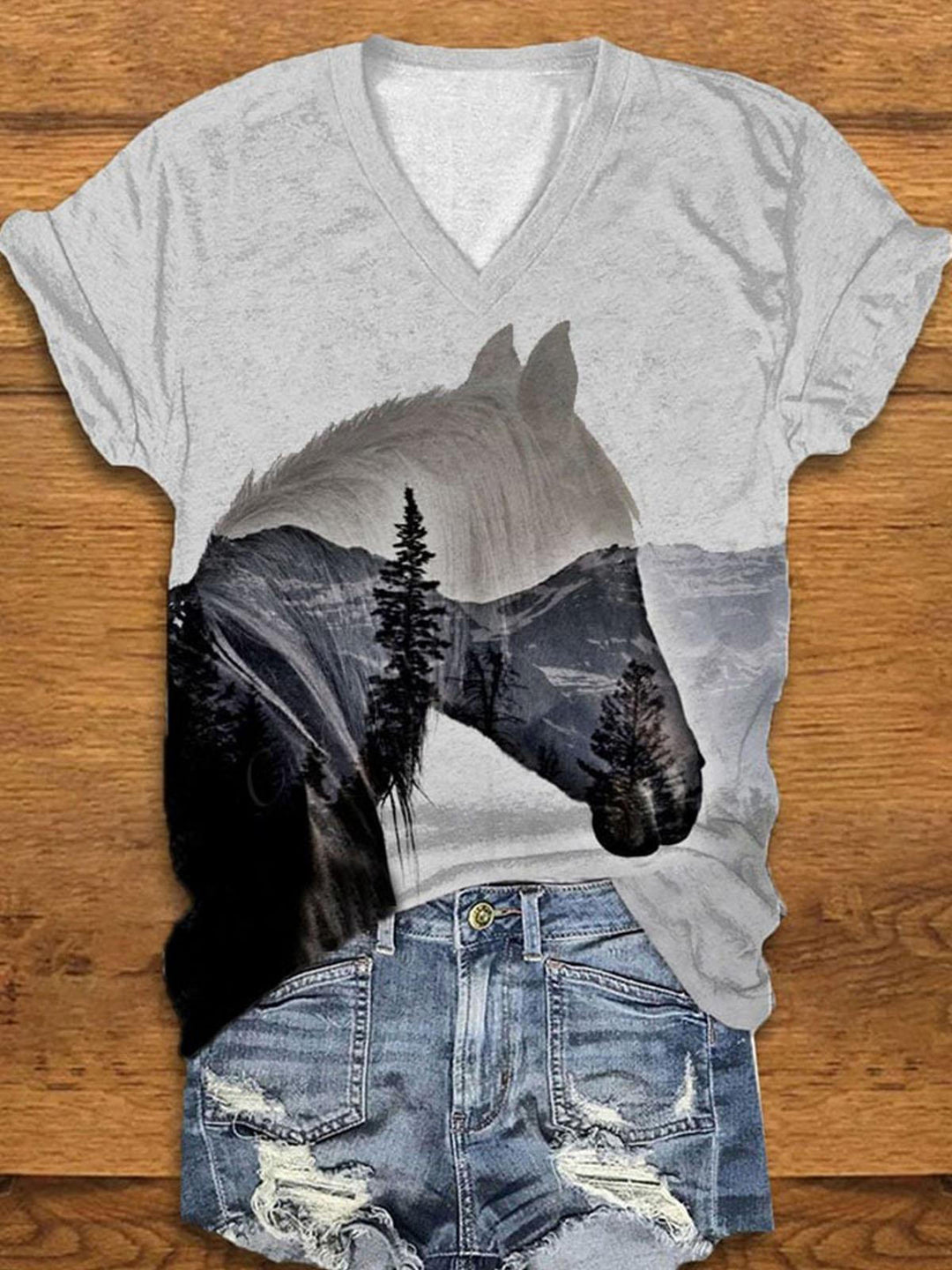 Vintage Western Horse Forest Print V Neck T-Shirt
