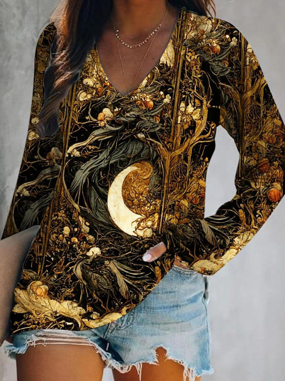 Art Print V-Neck Long Sleeve Top
