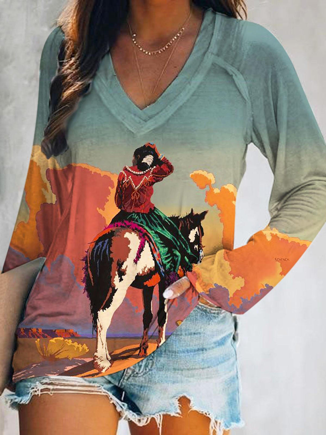 Women's Horse V Neck Long Sleeve T-Shirt