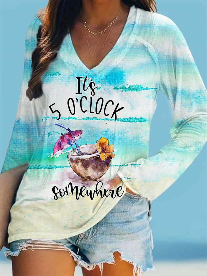 It's 5 O'Clock Somewhere Print V Neck Long Sleeve Top