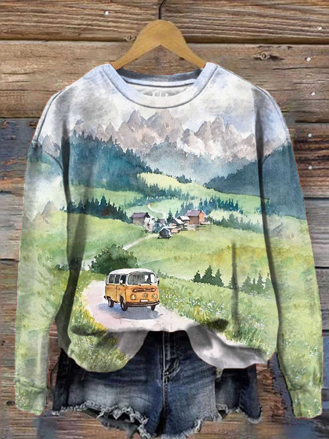 Watercolor Landscape Round Neck Long Sleeve Top