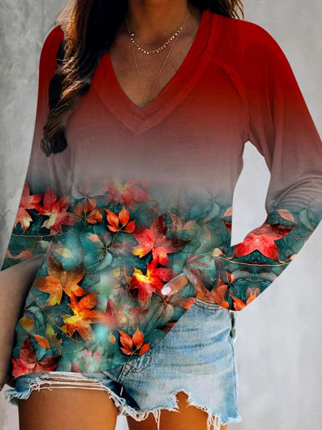 Fall Maple Leaf V-Neck Long Sleeve Top