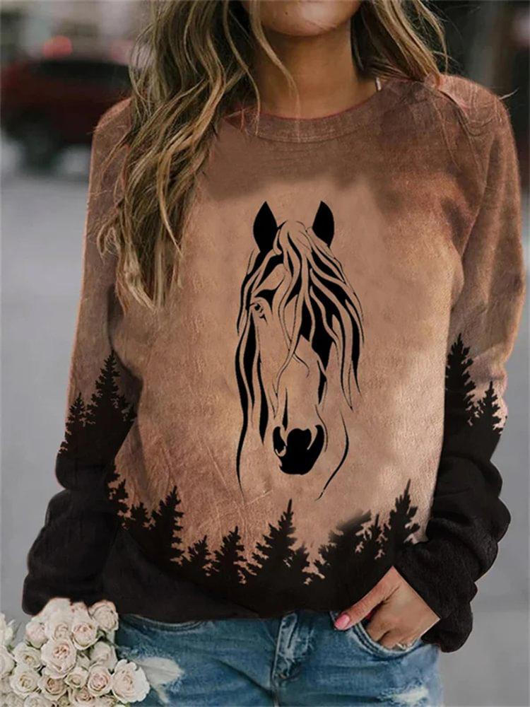 Vintage Western Horse Gradient Print Crew Neck Top