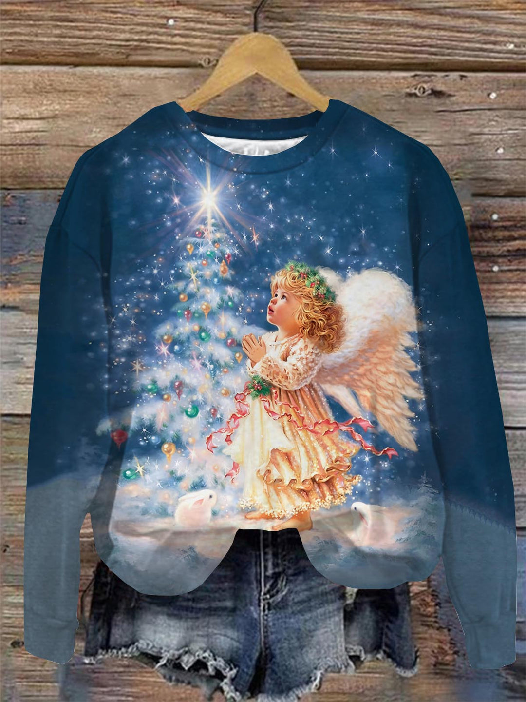 Winter Angel Prayer Print Round Neck Long Sleeve Top