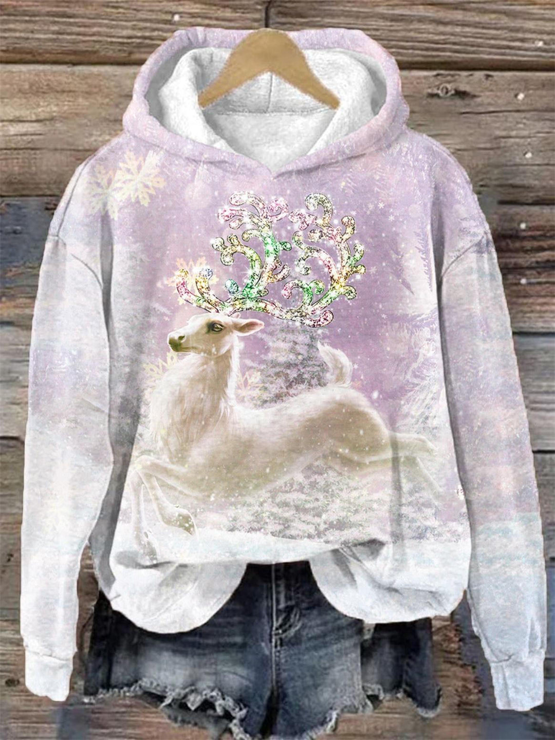 Winter Deer Print Long Sleeve Hoodie