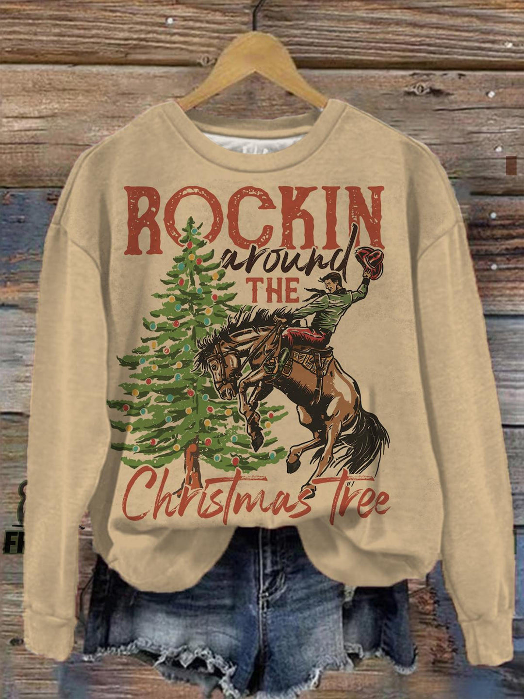 Retro Western Christmas Print Crew Neck Long Sleeve Top