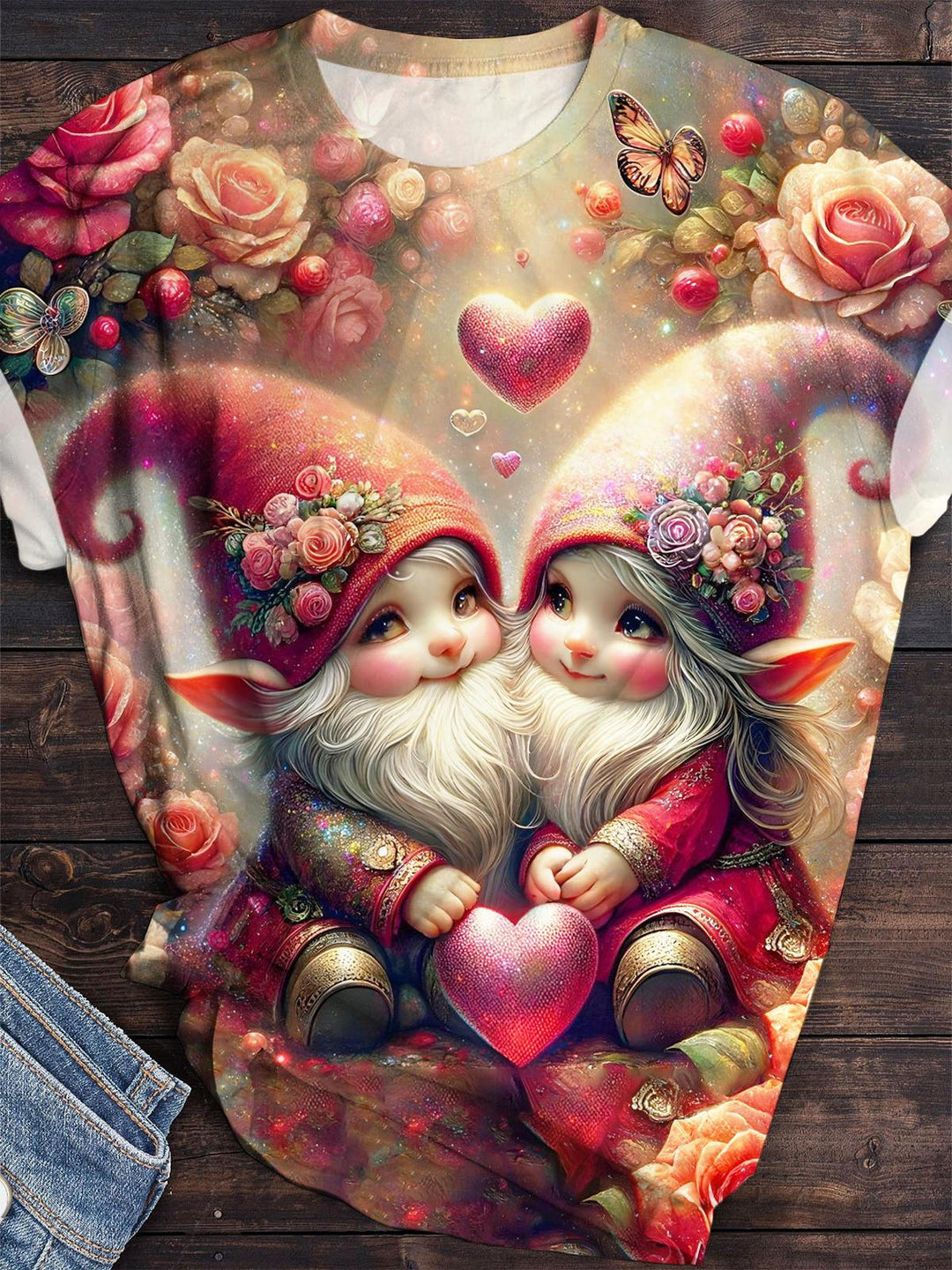 Cute Valentines Gnome Print Crew Neck T-Shirt