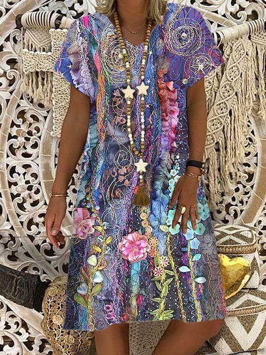 Oil Painting Floral Print V-Neck Dress