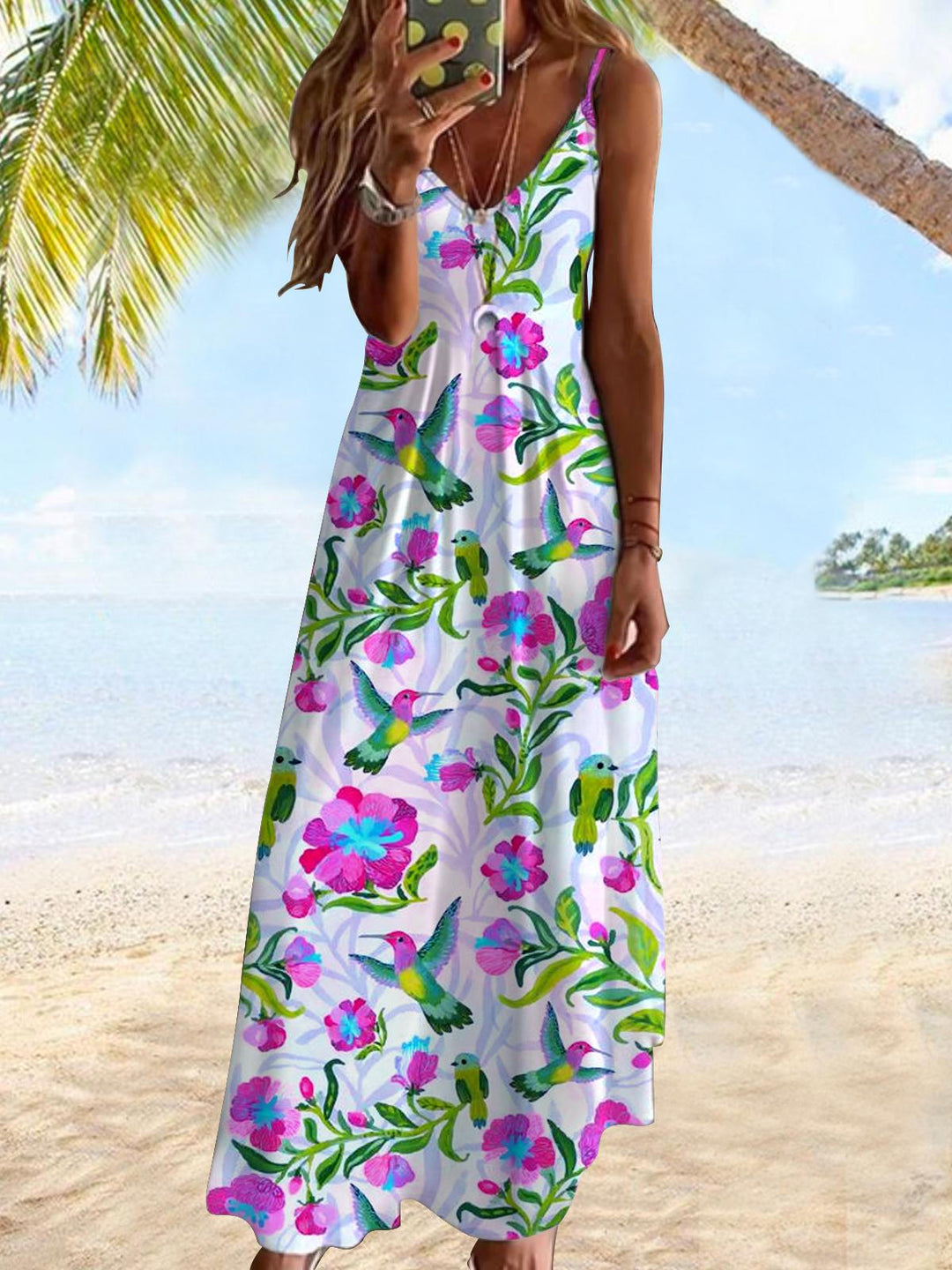 Bird Sleeveless V Neck Dress